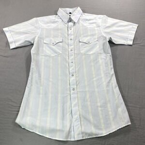 White Horse Shirt Mens Medium Blue White Striped Pearl Snap Western Cowboy Adult